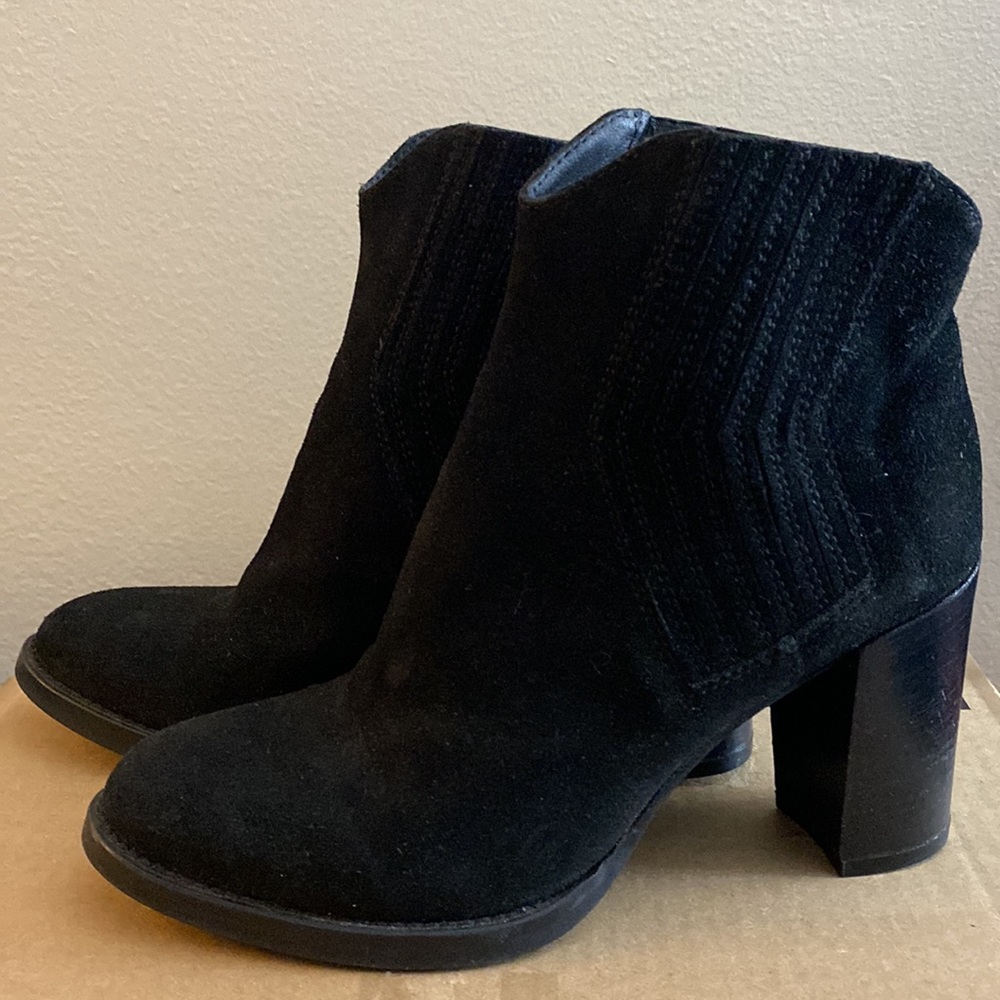 Black suede high heel ankle boots. Bought in Denmark Comfy Stacked 3 1/2” heel.